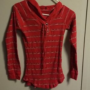 Red striped long sleeved hooded shirt